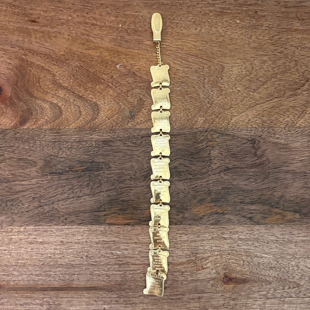 Vintage Ten Commandments Metal Coil Bookmark Chain Goldtone 10 Bible Book Mark